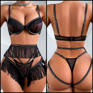 Women Sexy Rhinestone Black Fringe Tassel Mesh Lingerie Set