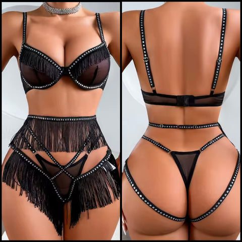 Women Sexy Rhinestone Black Fringe Tassel Mesh Lingerie Set