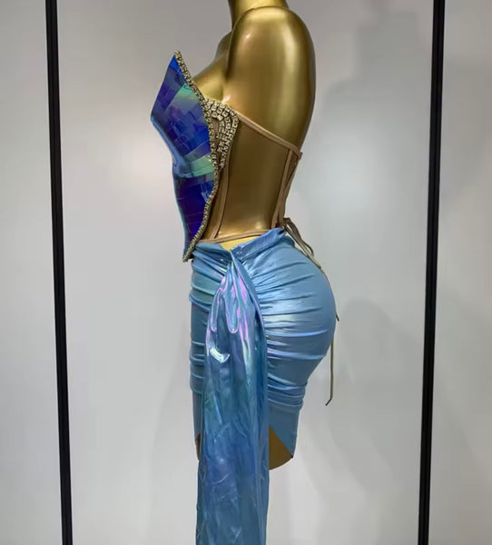 Women Sexy Strapless Rhinestone  Acrylic Two Piece Skirt Set