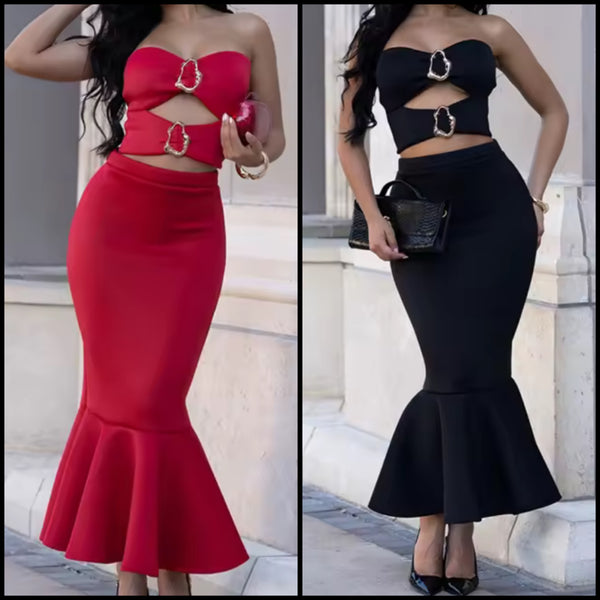 Women Buckled Strapless Sexy Ruffled Two Piece Maxi Skirt Set