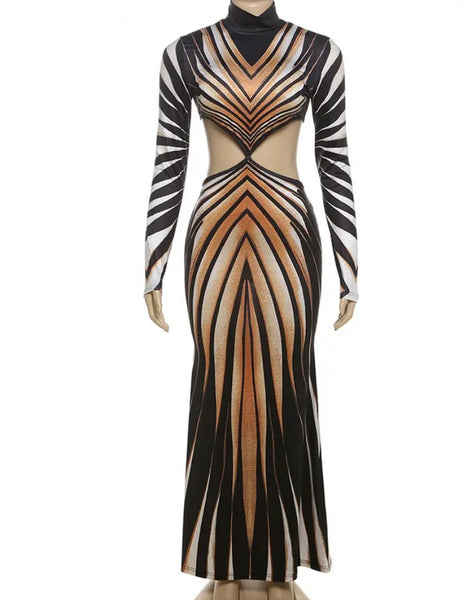 Women Sexy Cut Out Full Sleeve Printed Maxi Dress