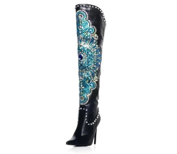 Women Fashion Bling Crystal Faux Leather Knee High Boots