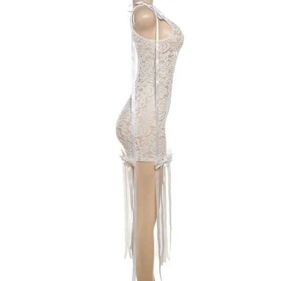 Women Sexy Sleeveless Lace Bow Tassel Dress