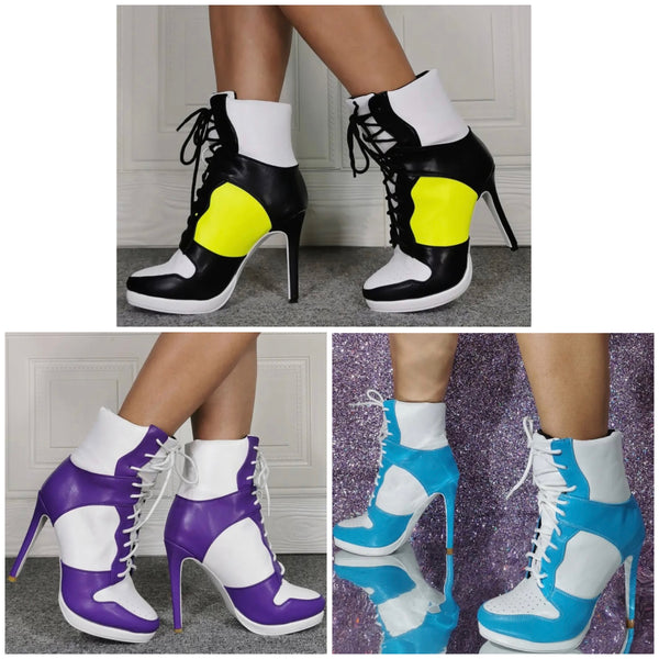 Women High Heel Color Patchwork Lace Up Ankle Boots