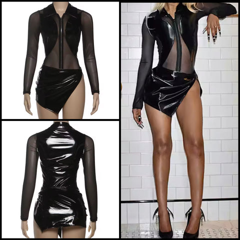Women Sexy Black PU Mesh Zip Up Bodysuit Two Piece Skirt Set