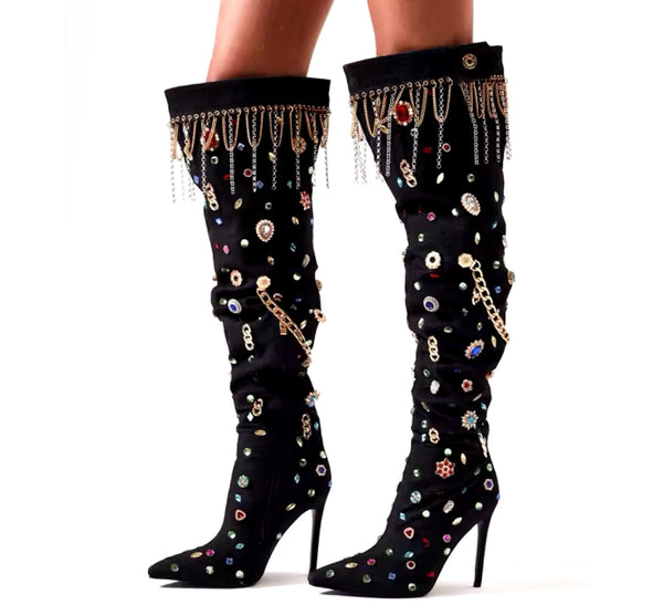 Women Black Color Crystal Tassel Fashion Knee High Boots