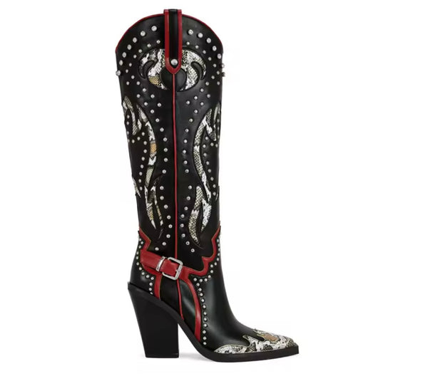 Women Fashion Animal Print Rivet Buckled Knee High Western Boots