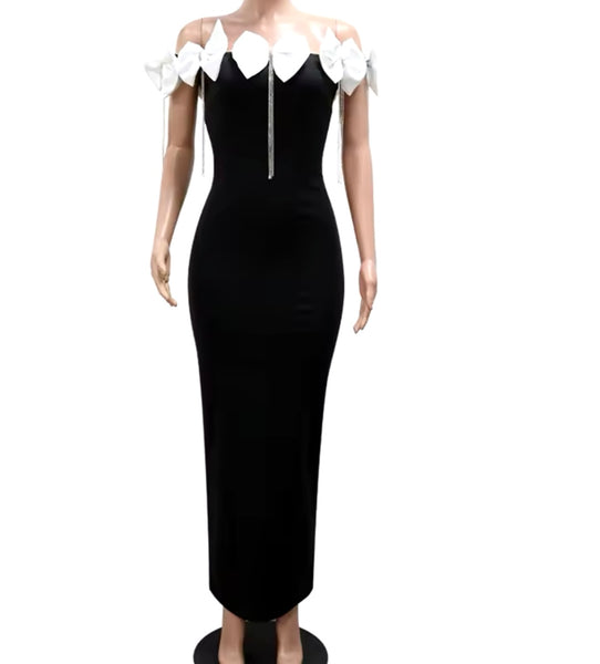Women Sexy B&W Bow Crystal Tassel Off The Shoulder Maxi Dress