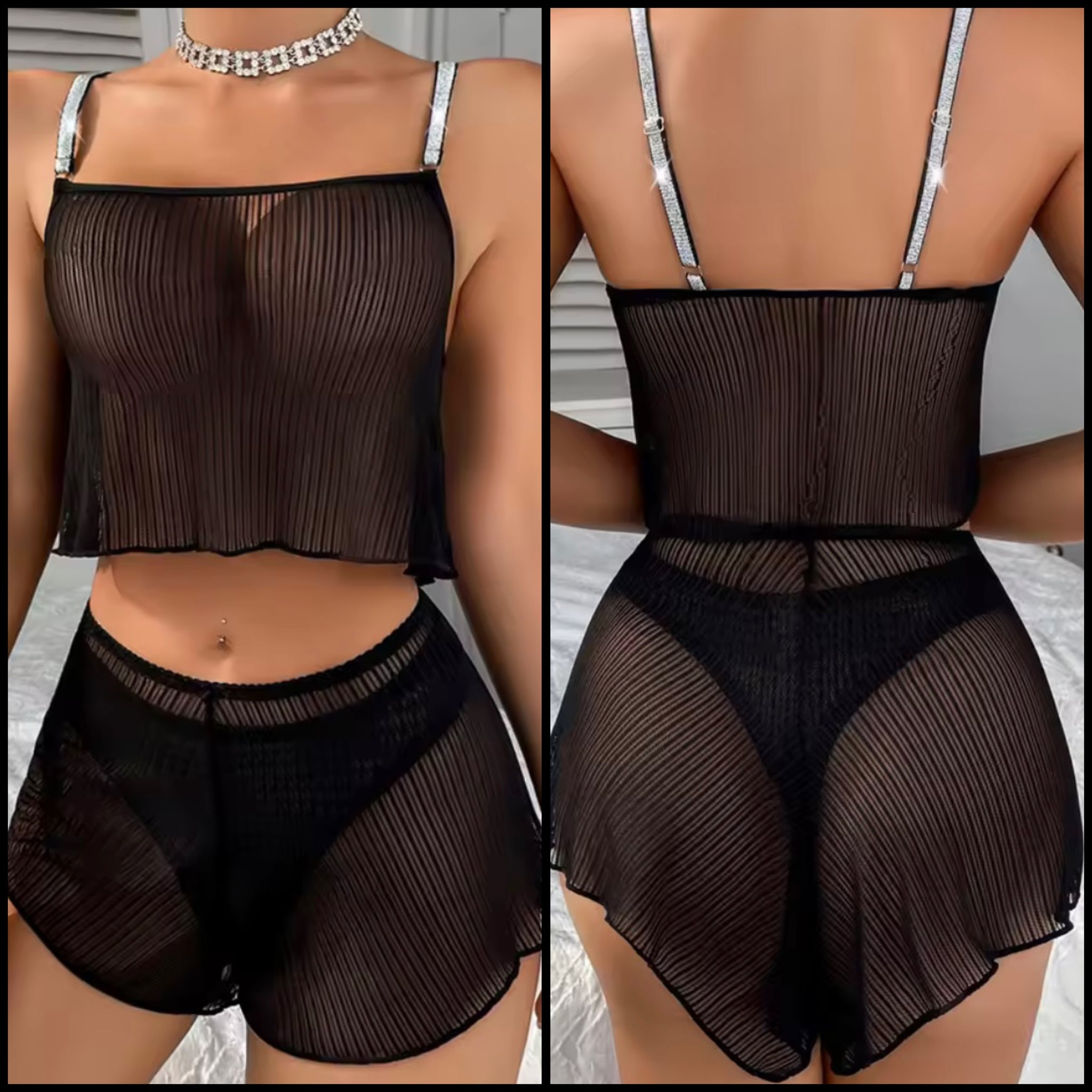 Women Sexy See Through Black Bling Sleeveless Lingerie Short Set