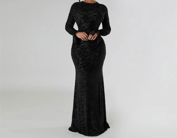 Women Sexy Mesh Patchwork Full Sleeve Open Back Velour Maxi Dress