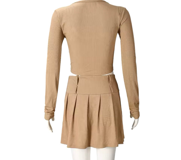 Women Sexy Khaki Full Sleeve Crop Two Piece Skirt Set