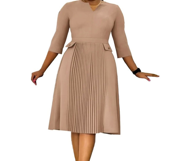 Women Solid Color Full Sleeve Pleated Dress