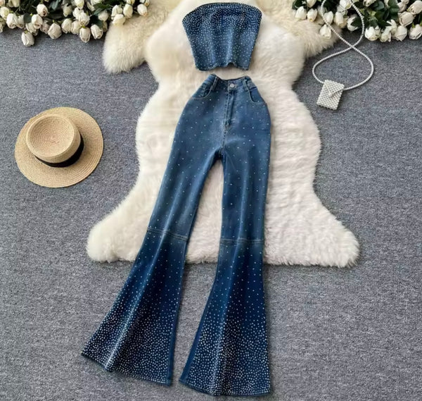 Women Strapless Bling Crop Two Piece Denim Pant Set