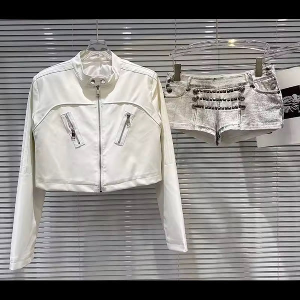 Women Fashion Faux Leather Jacket Two Piece Denim Short Set