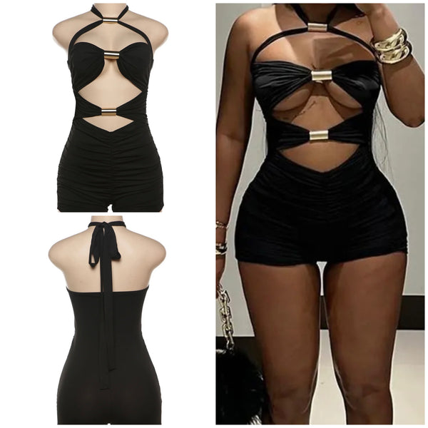 Women Sexy Black Gold Metal Cut Out Halter Sleeveless Romper