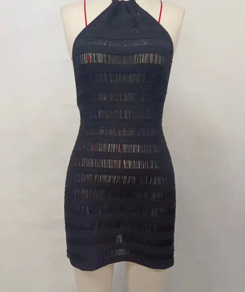 Women Sexy Halter Sleeveless Black See Through Dress