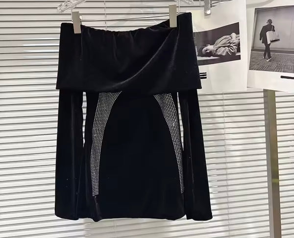 Women Black Bling Off The Shoulder Velour Two Piece Pant Set