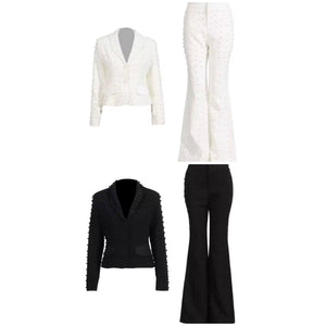 Women Solid Color Beaded Pearl Blazer Two Piece Pant Set