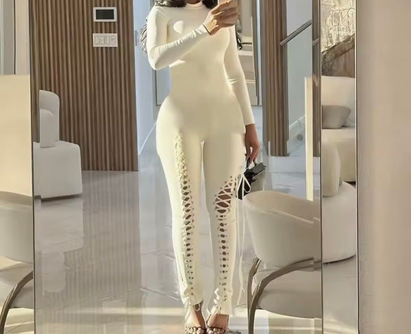 Women Color Full Sleeve Cut Out Tie Up Fashion Jumpsuit