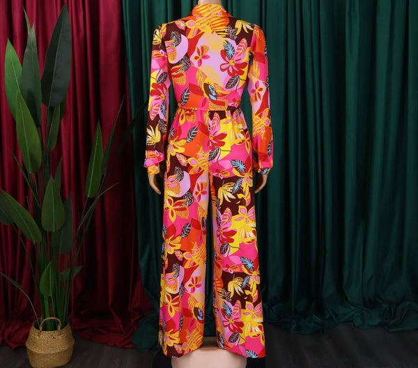 Women Fashion Button Up Floral Full Sleeve Two Piece Pant Set