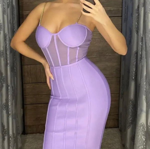 Women Sexy Chain Sleeveless Lavender Mesh Patchwork Dress