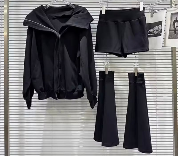 Women Fashion Hooded Zip Up Three Piece Pant Set