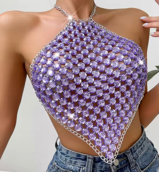 Women Sexy Halter Chain Sleeveless Crystal Crop Top