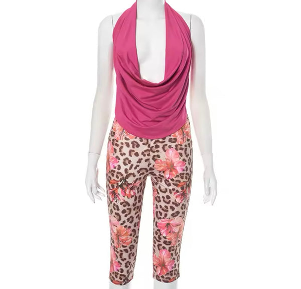 Women Sexy Sleeveless Two Piece Leopard Print Pant Set
