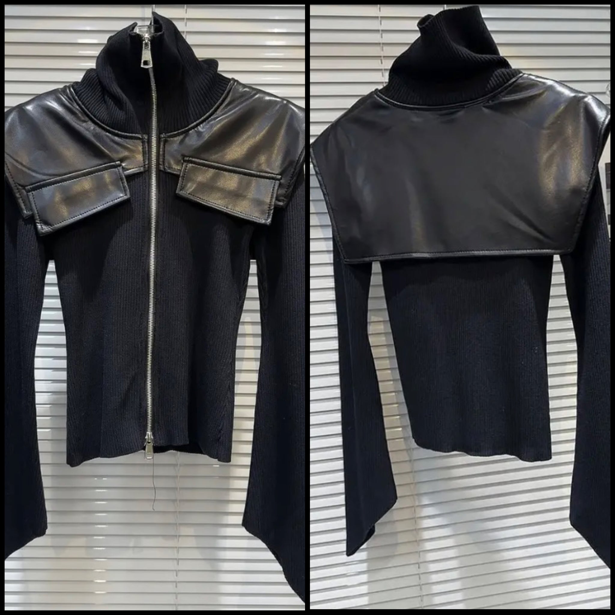 Women Black Fashion Faux Leather Patchwork Full Sleeve Zip Up Top