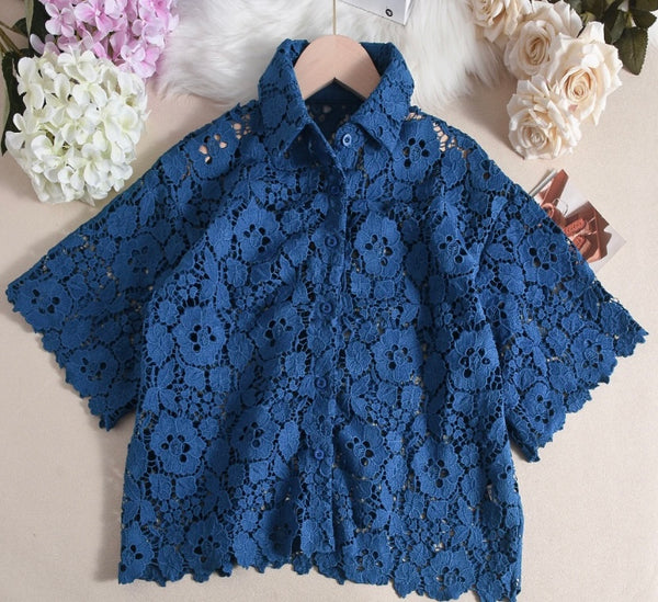 Women Sexy Fashion Blue Lace Short Sleeve Button Up Top