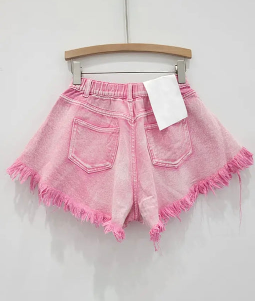 Women Pink Fashion Fringe Denim Shorts