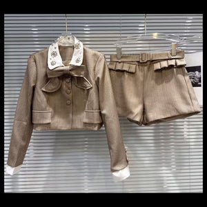 Women Bling Collar Bow Khaki Plaid Two Piece Short Set