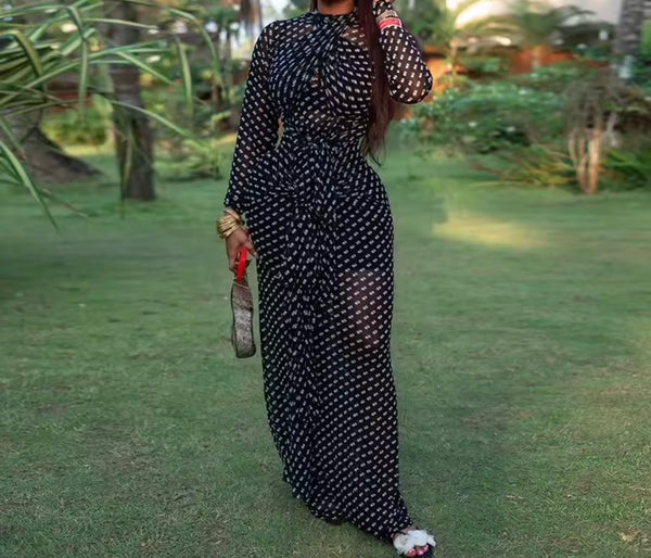 Women Sexy Black Polka Dot Mesh Full Sleeve Maxi Dress