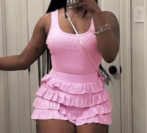 Women Sexy Sleeveless Bling Letter Print Ruffled Two Piece Short Set