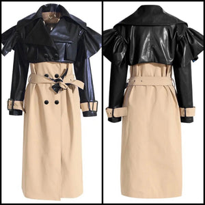 Women Ruffled Faux Leather Patchwork Fashion Trench Jacket