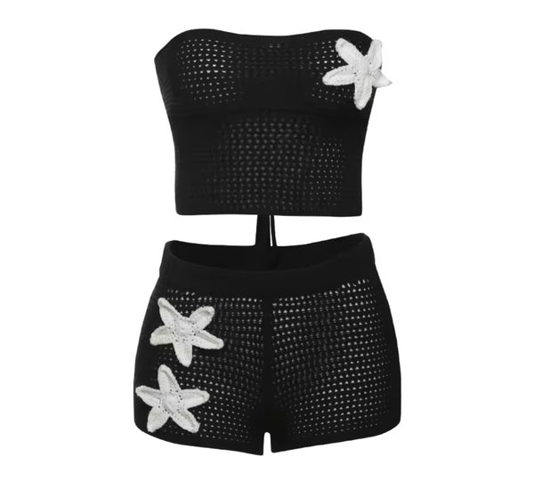 Women Sexy Strapless Tie Up Open Back Knitted Two Piece Short Set