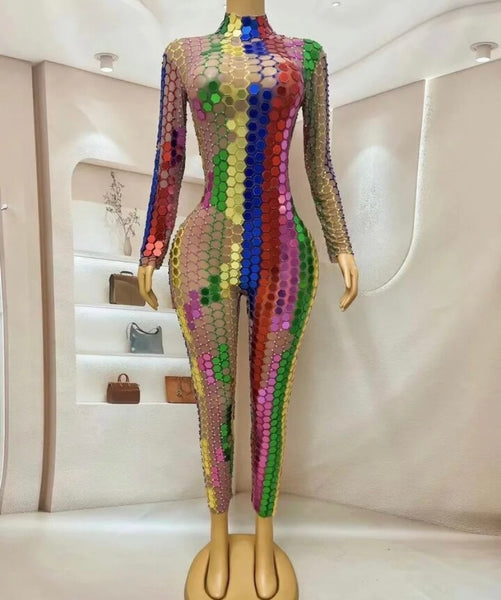 Women Sexy Fashion Multicolored Mirror Full Sleeve Mesh Jumpsuit