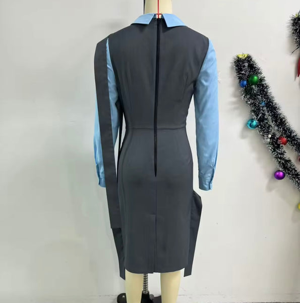 Women Collar Full Sleeve Color Patchwork Dress