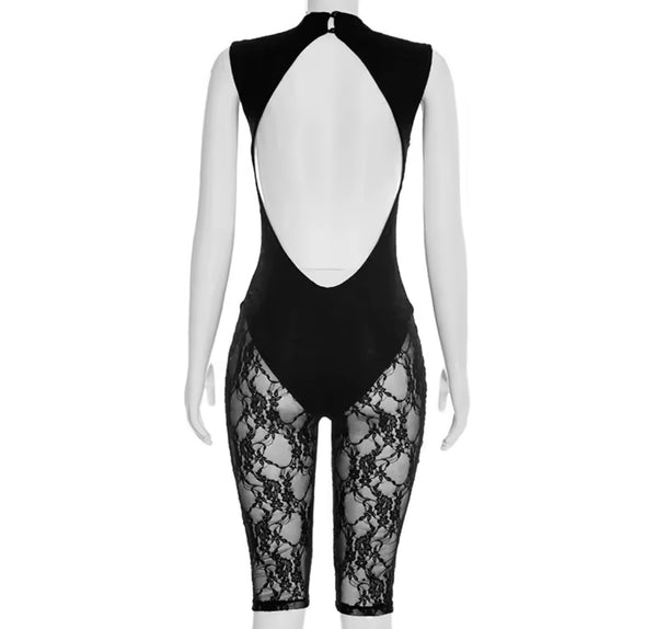 Women Sexy Sleeveless Open Back Lace Romper