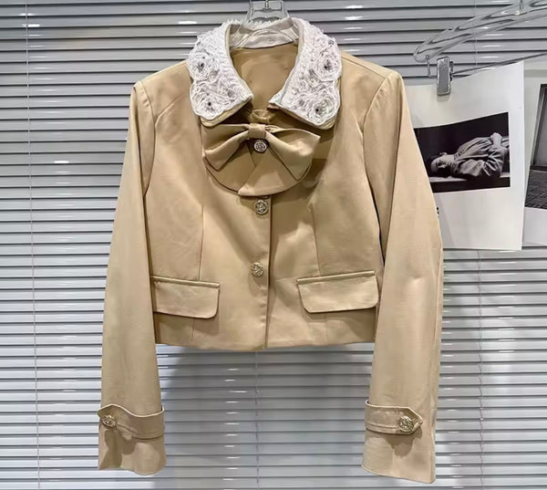 Women Lace Bow Button Up Blazer Two Piece Pleated Skirt Set