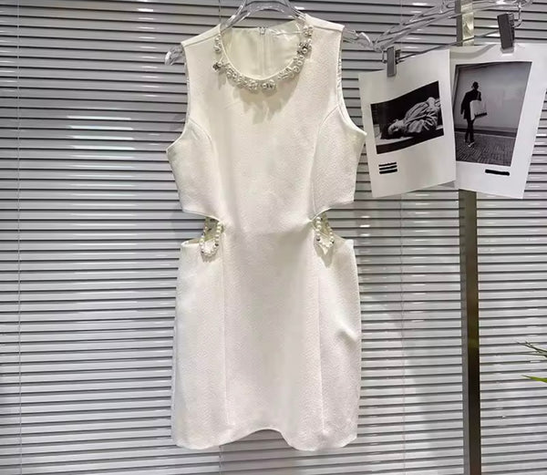 Women Elegant Beaded Cut Out Sleeveless Dress