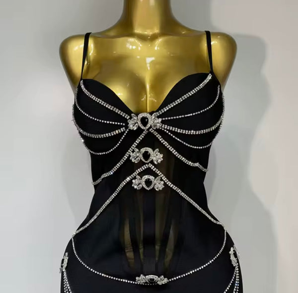 Women Sexy Sleeveless Black Bling Rhinestone Maxi Dress