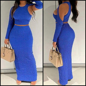 Women Sexy Blue Cut Out Full Sleeve Two Piece Maxi Skirt Set