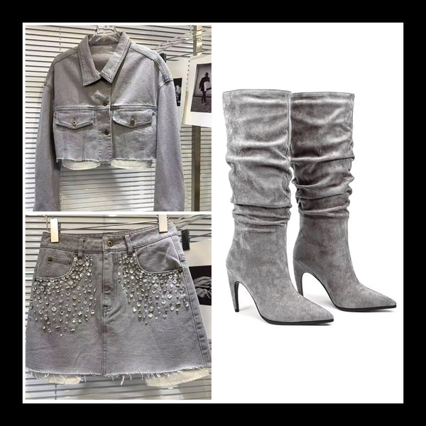 Women Gray Rhinestone Denim Jacket Two Piece Skirt Set