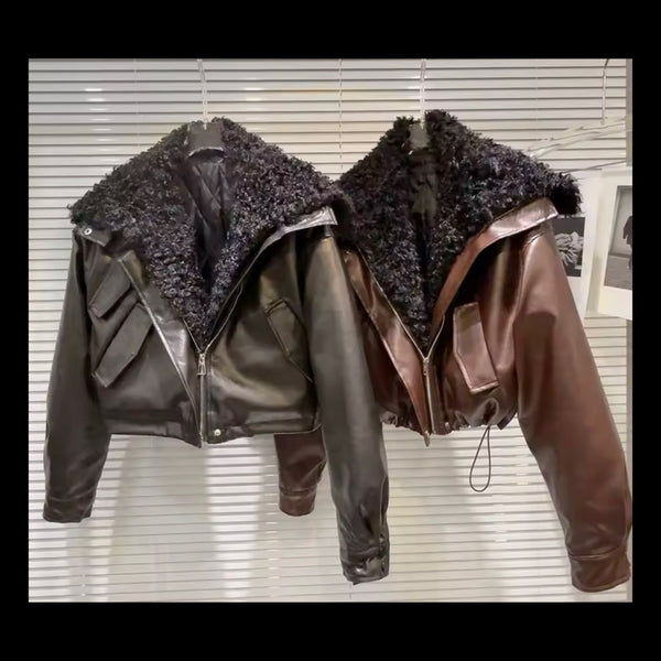 Women Fashion Warm Fur Faux Leather Zip Up Jacket