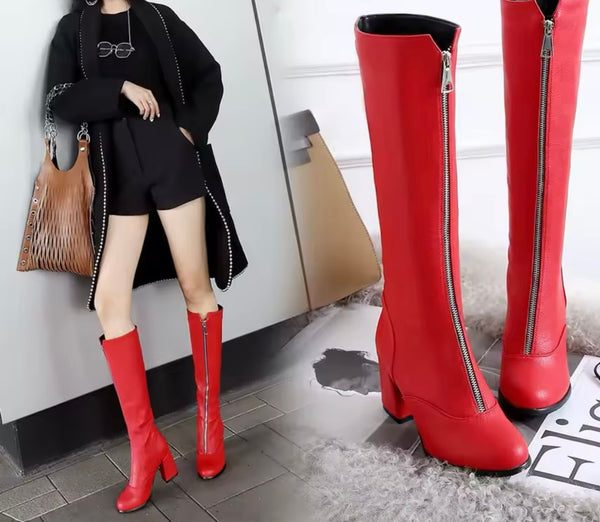 Women Color Zip Up Fashion Faux Leather Knee High Boots