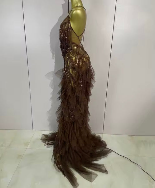 Women Halter Sleeveless Ruffle Rhinestone Tassel Maxi Dress