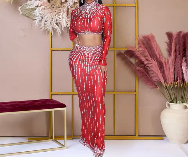 Women Sexy Bling Turtleneck Full Sleeve Crop Two Piece Maxi Skirt Set