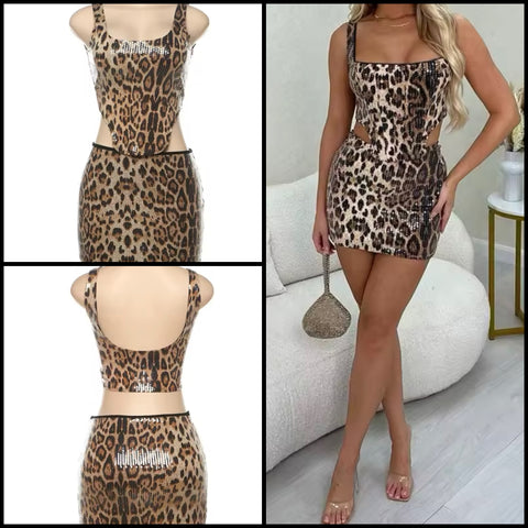 Women Sexy Sleeveless Sequins Leopard Two Piece Skirt Set