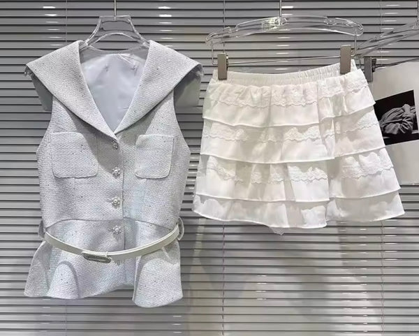 Women Collar Button Up Sleeveless Blazer Two Piece Ruffle Skirt Set